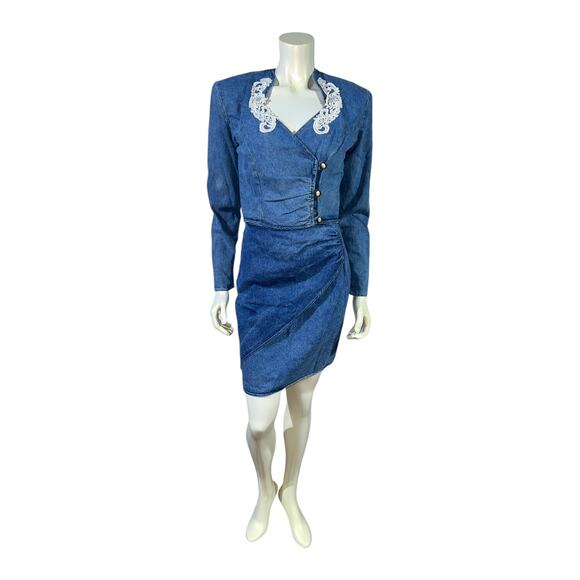 Vintage 90s Disorderly Conduct Denim Cropped Jacket Mini Skirt with Lace Collar - Picture 1 of 16